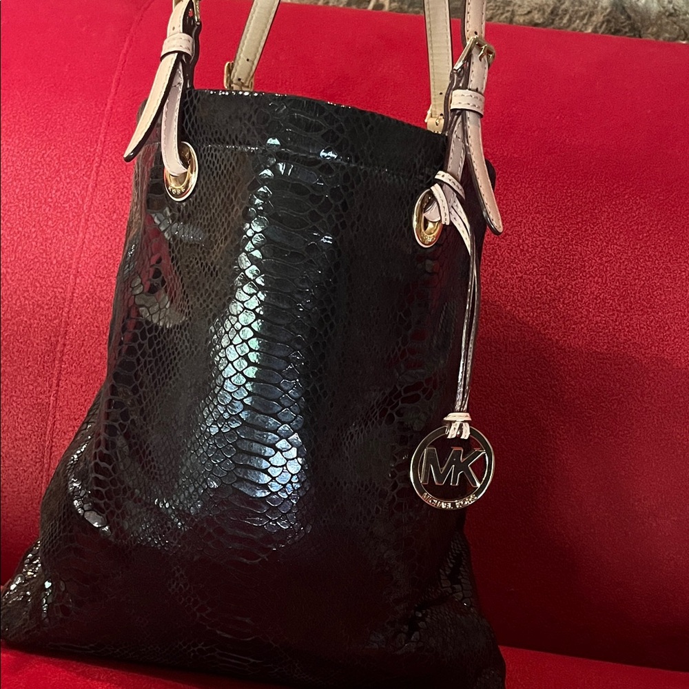 Michael Kors Shiny Black Snake-Pattern Tote